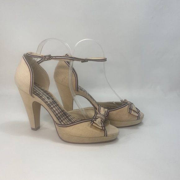 American Eagle Womens Heel Shoes 10 Canvas Peep Toe Ankle Strap Bows Plaid - Picture 2 of 16